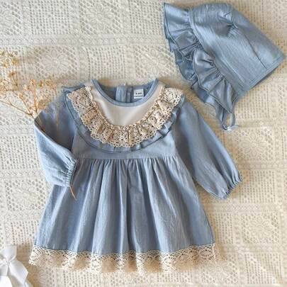 Babyflickor, rutig lapptäcke, enfärgad, lager på lager, volangkant, långärmad, prinsessklänning, höst/vinter - Babyblå (6-9M,9-12M,12-18M,18-24M,2-3Y,3-6M)