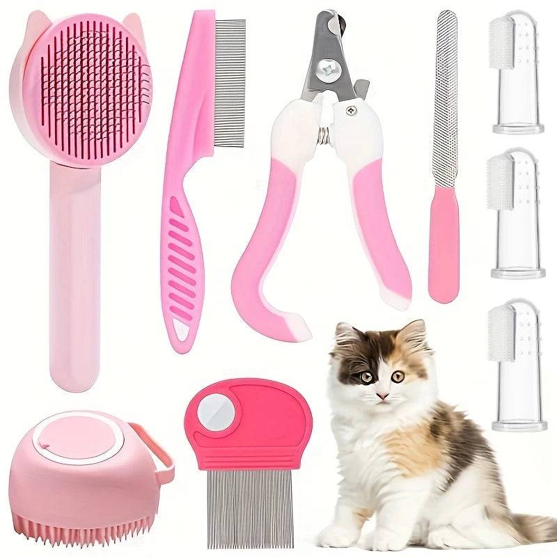 8-Piece Pet Grooming Kit — Self-Cleaning Brush, Nail Clippers, Flea Comb & Bath Brush for Cats & Dogs - 8pcs