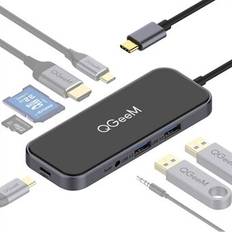 QGEEM UH08-2 8-portars USB C Hub Glasyta typ C till 4K upplösning HD-videoadapter + 100W PD + minneskortplatser + 3,5 mm ljudport + 2xUSB 3.0 portar + typ C port kompatibel för bärbara datorer och andra typ C-enheter