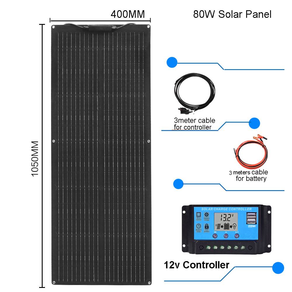 Solar Panel Kit 80W 12V Monocrystalline Semi-Flexible Bendable Off-Grid Charger for Marine RV Cabin Van Car Uneven Surfaces