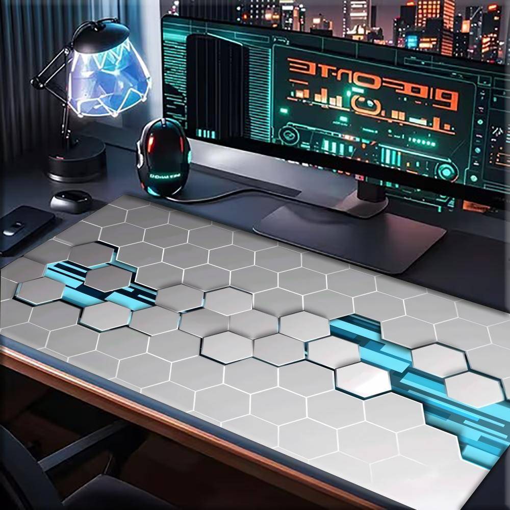 Large XXL Gaming Mouse Pad Desk Mat Keyboard Pad White Hexagon Hollow Blue Circuit Tech Print Cool Minimal Extended Big Mousepad