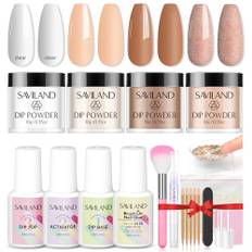 SAVILAND Dipping Powder Nail Starter Set – Keratin Franska Nails Tips Dip Powder Rosa/Nudes/Clear Base Top nagellim infiltration pulver förvaringslåda tillbehörsset Fingertip Flow Jade