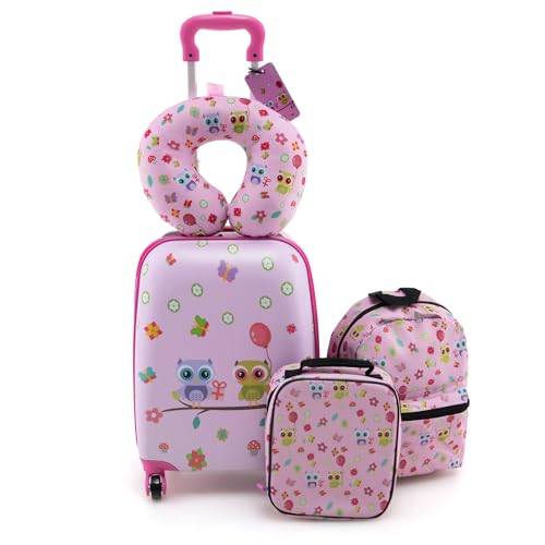COSTWAY 5-delad barnresväska + ryggsäck, barntrolley med lunchlåda, bagageetikett och nackkudde, barnbagage med hjul, handbagage resväska med hårt skal för pojkar och flickor, Rosa uggla, 30 cm x 23