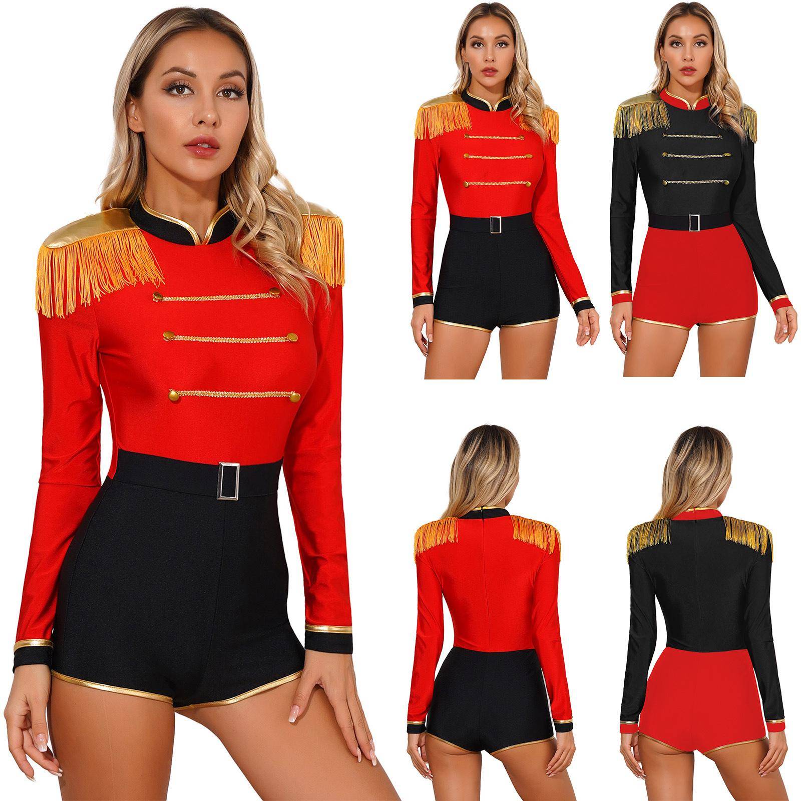 Dams Halloween Cirkusdirektör Jumpsuit Franskuldror Gulddekorerad Kontrast Cosplay Bodysuit Kostym cm röd