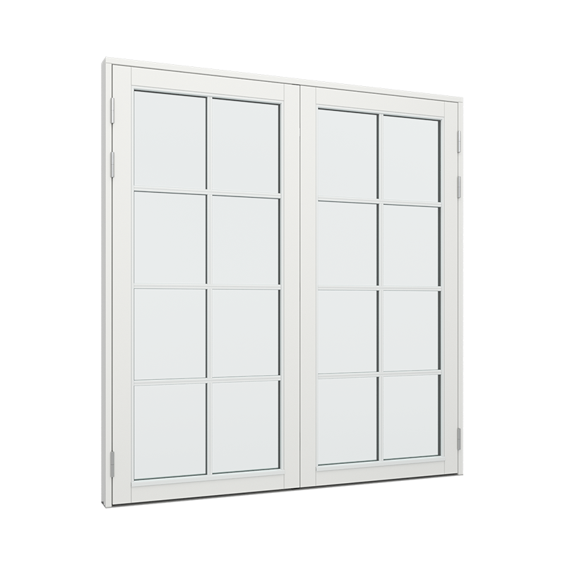 Dobbelt terrassedør med 2x4 glasfelter i hver dør.