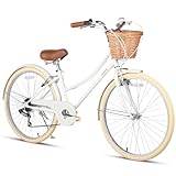 Glerc Missy 26 Tums Flickcruiser Ungdom Tonåring Damcykel 6-Växlad Hybrid Stadcykel för Ungdomar över 12 År med Prickorg & Lättviktig Ram, Vit