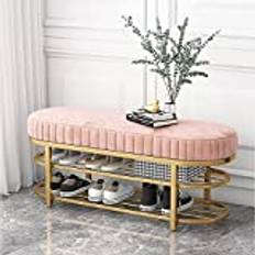 Ss&ll Bekväm hallbänk i sammet, modern skobänk med 2 hyllor, guldfärgad skohylla, förstklassig skoförvaring för hall, veranda – rosa 80 x 32 x 43 cm (31 x 13 x 17 tum)