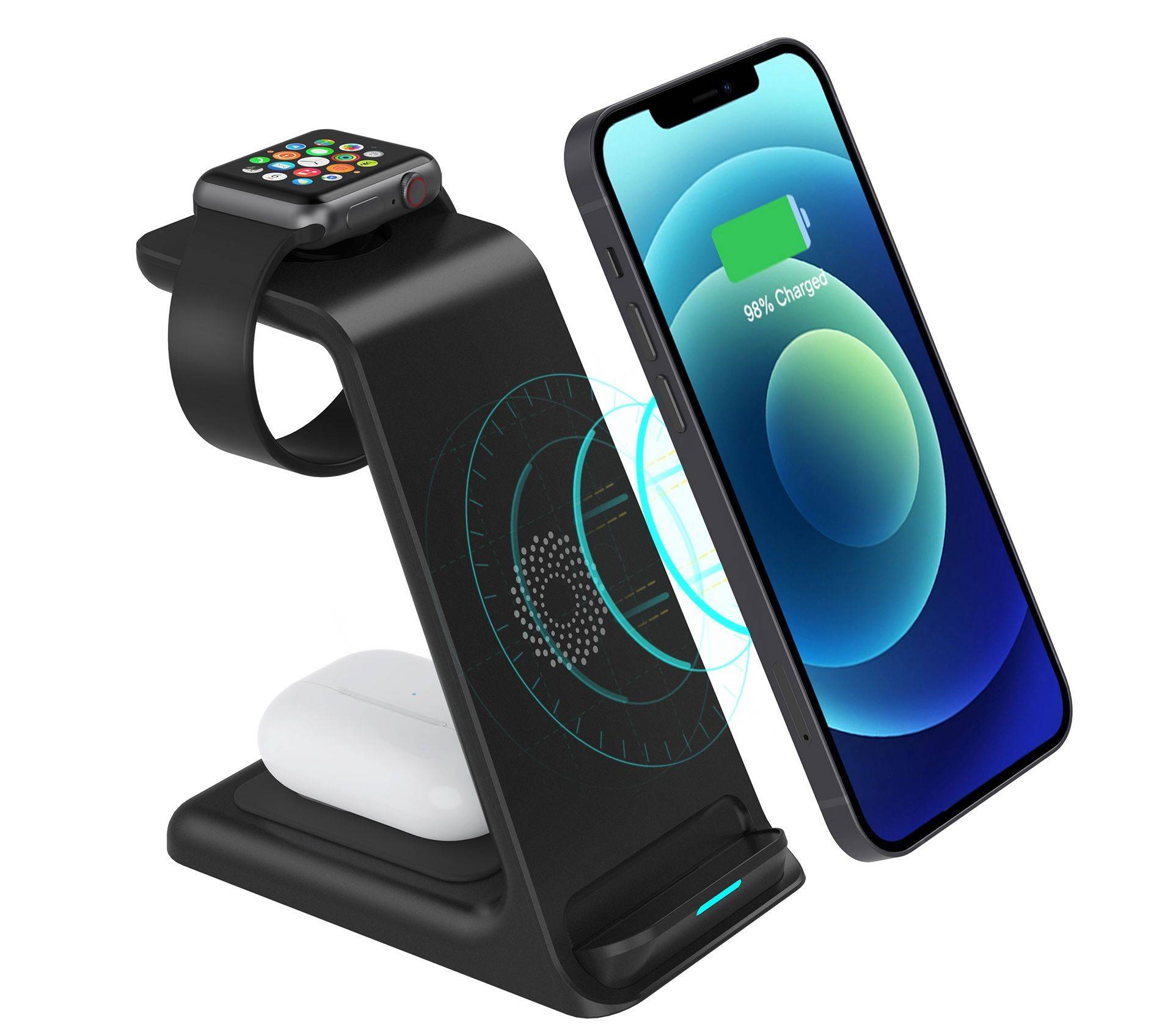Moobio Trådlös Laddstation 3-i-1 15W med 2 Qi-platser - , trådlös Qi-laddare för iPhone, AirPods, Apple Watch, snabb 2xQi+Watch, svart, LED-indikator - Svart/
