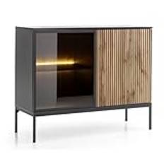 Selsey Tosena Skänk 104 x 39 x 83 cm – Modern design i svart grafit/ek Wotan – med glasfront och 4 fack – laminerad spånskiva/MDF, pulverlackerat stål – belysning möjlig