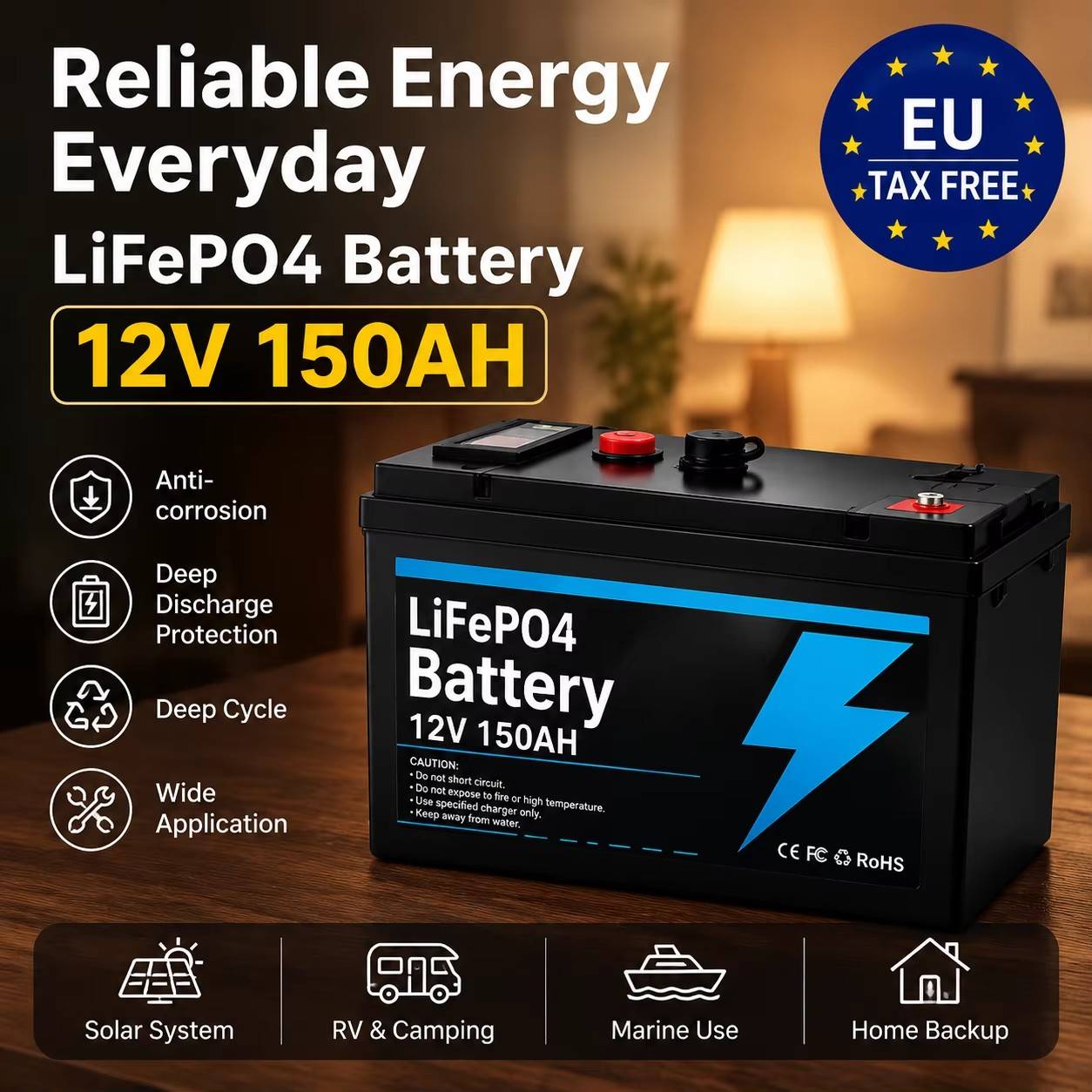 LiFePO4 12V 150Ah Rechargeable Lithium Battery Pack Equipped with BMS, Multi-purpose Battery for Solar Panel Charging, Power Ship, Marine Fish Finder