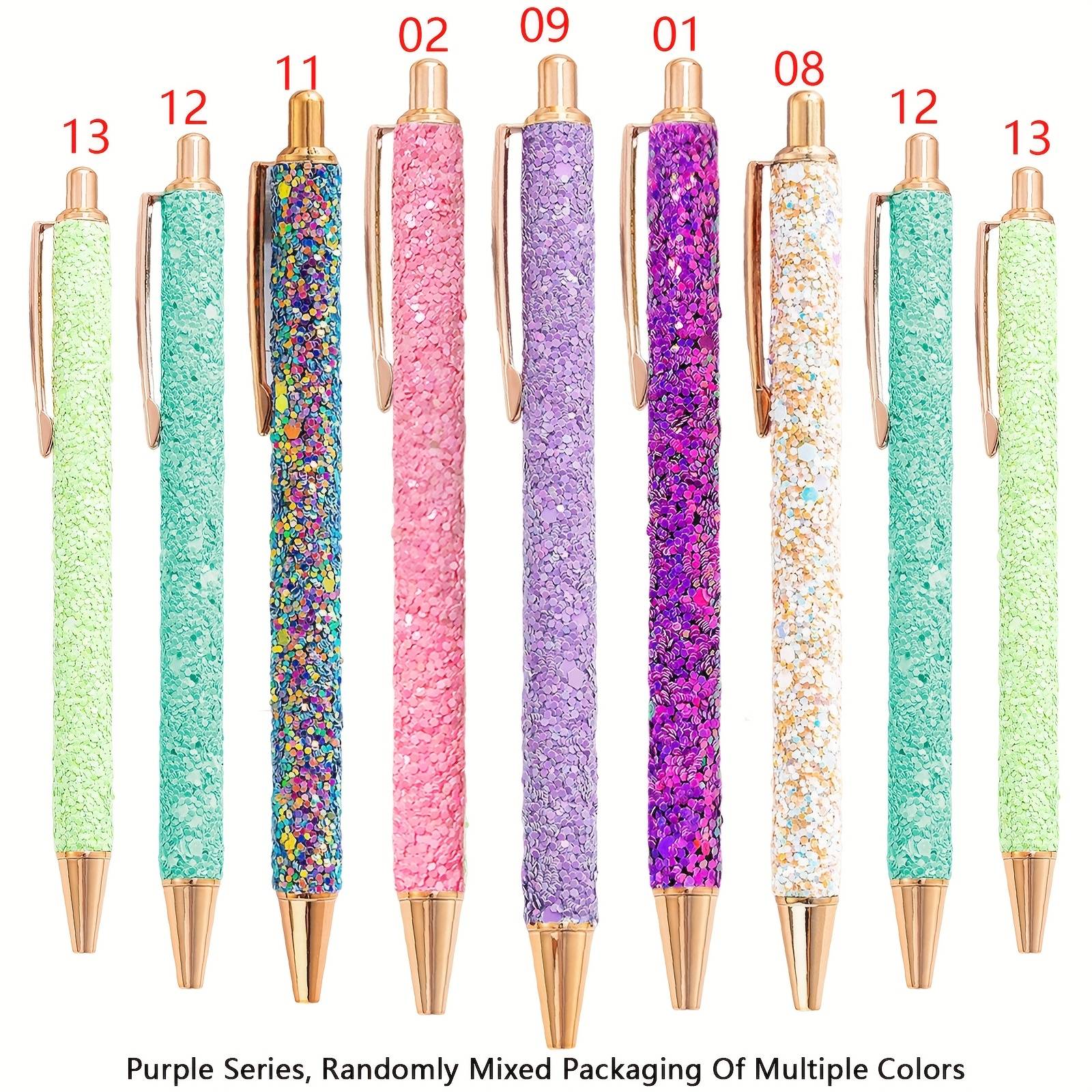 TEMU 9-pack Glitter Gel Rollerball Pens, Medium .0mm, Retractable Metal Pens With Black Ink, Sequin Embellished, Ballpoint Pens For Journaling, Gifts For Women And Girls