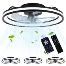 Fiqops Takfläkt med belysning och fjärrkontroll Ø 55 cm, LED-taklampa 3 färgtemperatur och 6 hastigheter, timer sommar vinterdrift för vardagsrum sovrum, svart