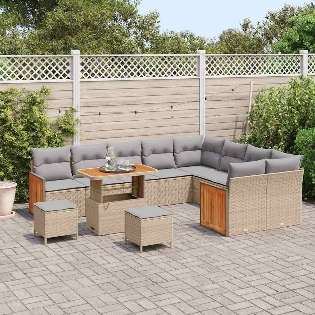 Havesofa Sæt 12 Dele Poly Rattan Og Pulverlakeret Stål - beige og lysegrå / 90 cm bordlængde