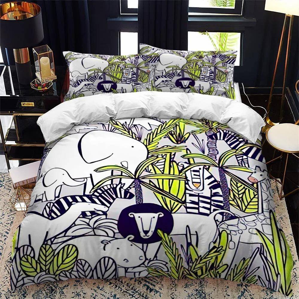 Tecknad Zoo Djur Sängklädesset Pojkar Flickor Enkel Queen Size Påslakan Örngott Säng Barn Vuxen Mode Hemtextil AU Double 180x210cm