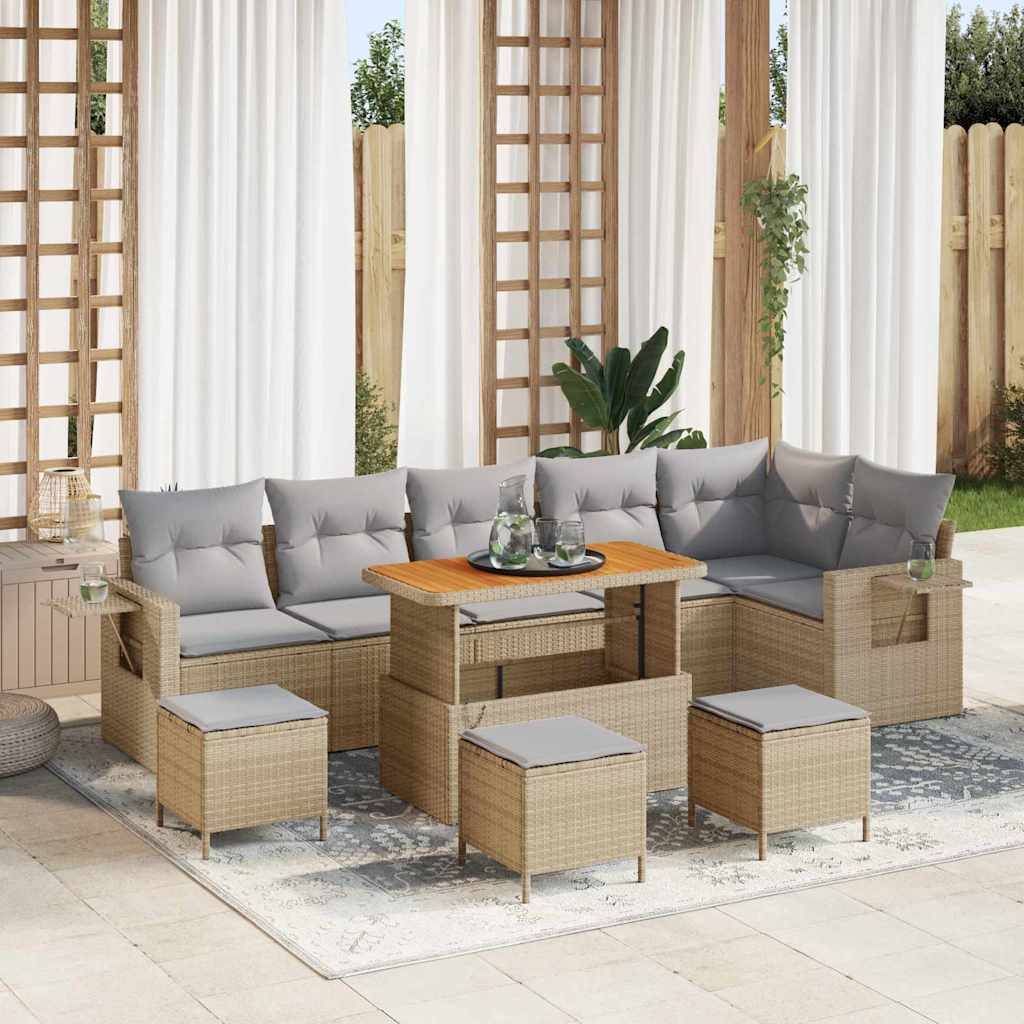 Havesofa Sæt 9 Dele Polyrattan - Beige / Lysegrå / 110 cm bordlængde
