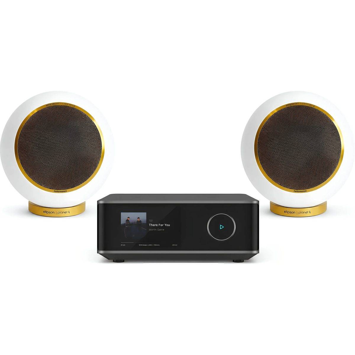 Elipson + WiiM Planet L Performance 2.0 mat hvid guld (sæt med 2) + Amp Ultra space grå.