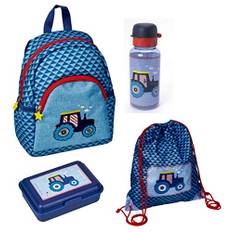 Familando Spiegelburg Kindergarten Rucksack Set 4tlg. mit Turnbeutel, Brotdose und Trinkflasche Traktor Bulldog für Jungen und Mädchen