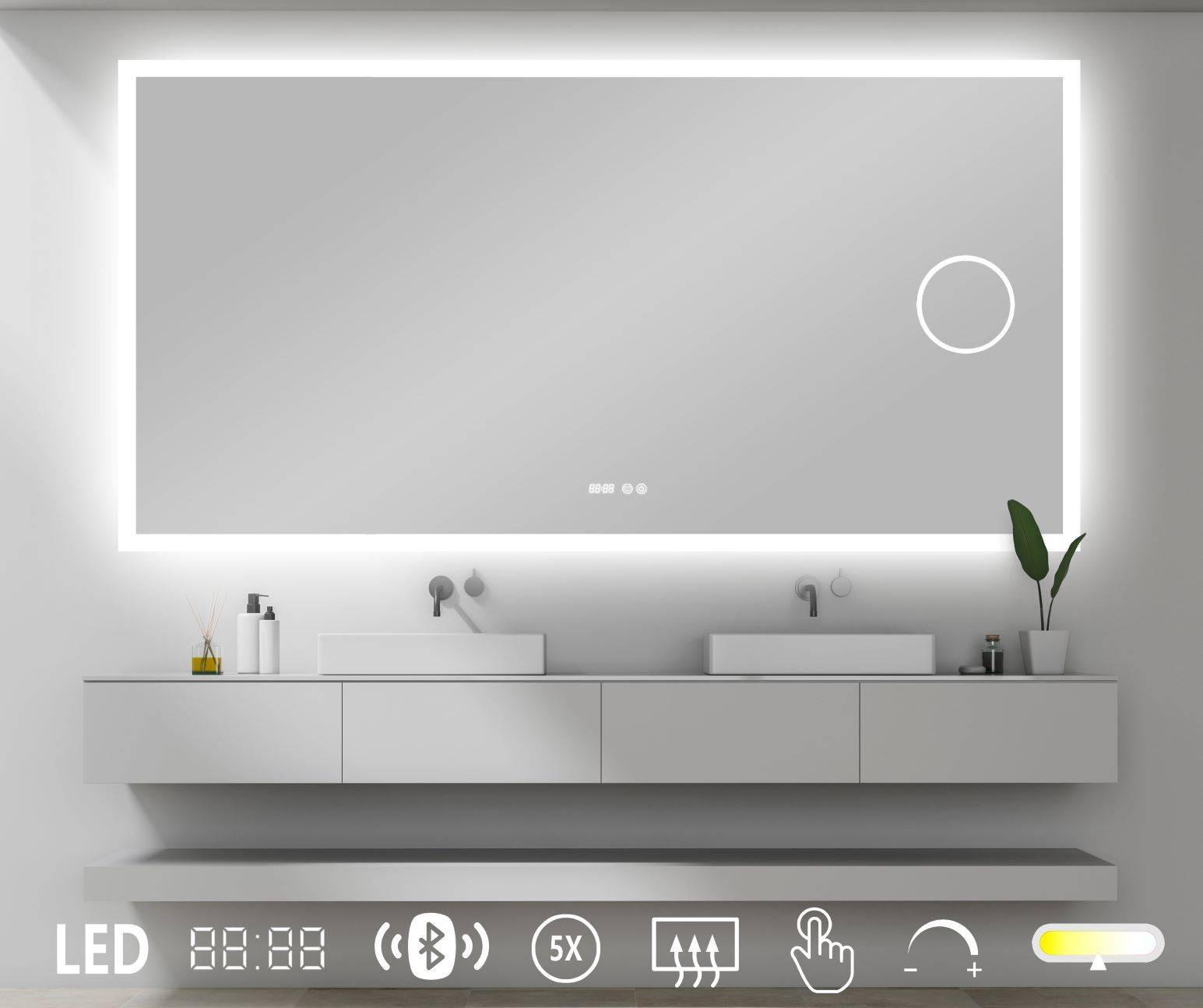 NY Mie 7 Spejl med LED lys - kosmetik - antidamp - bluetooth - farveskift- Ur - flere størrelser 120x80 cm