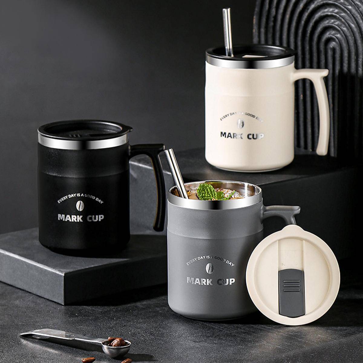 500ml Dubbelväggig Isolerad Kaffemugg Med Handtag Skola Kontor 304 Rostfritt Stål Förseglad Drickskopp Bärbar Dryckesvara grå