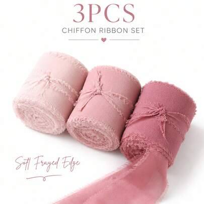 1,5" x 16,4 ft – 3 rullar rosa chiffongbandset, varje rulle 1,5" x 16,4 ft handgjort sidenband med slitna kanter, lämpligt för brudbuketter, presentin - Multifärgad (1 st (slumpmässigt),3 st (en rulle per färg))