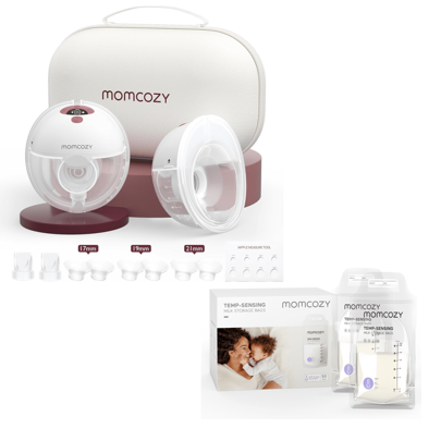 Momcozy M5 bröstpump och förvaringspåse för bröstmjölk innehåller den handsfree M5 bärbara trådlösa bröstpumpen och en temperaturkänslig, färgskiftand - Röda 2 stycken (120 st mjölkpåse,50 st mjölkpåse,200 st mjölkpåse)