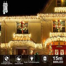 LILIIN LED fairy lights gardin 5m 10m 15m för utomhus inomhus - 200/400/600 LEDs varmvit fairy lights gardin med 8 lägen, IP44 vattentät för jul Hallo - 15 m