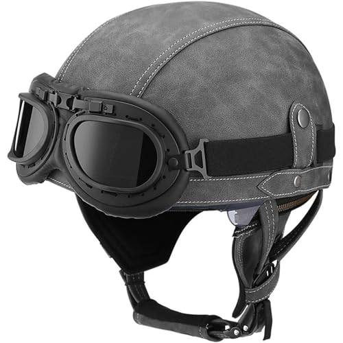 Motorcykelhjälm Open Face Motorcykelhjälm Vuxen DOT ECE-godkänd Läderkrockhjälm Med Glasögon Quick Release Retro Motorcykelhjälm Mopedhjälm(G,S=(55~56cm))