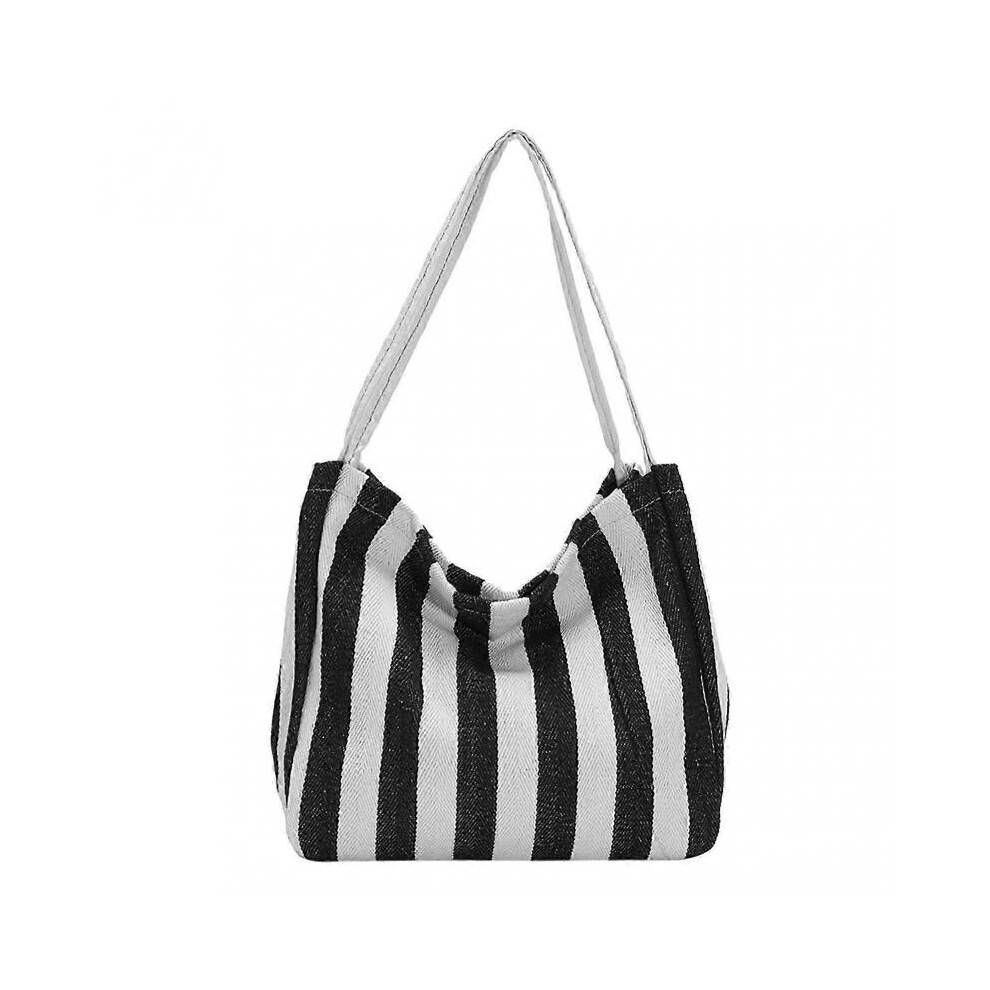 Canvas Shoulder Bag Retro Large Capacity Vertical Stripe Fashionable Casual Handbag for Daily Use Shopping Black Free Size