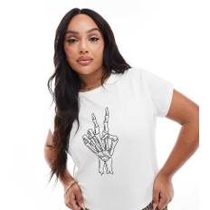 ASOS DESIGN Curve - Cremefarvet og ribstrikket baby-T-shirt med print af skelethånd og peace-tegn-Hvid