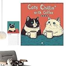 Katter kyler med kaffekalender, tecknade katter väggkalendrar 2025, bunden organisatör, väggplanerare för hem, skola, sovsal
