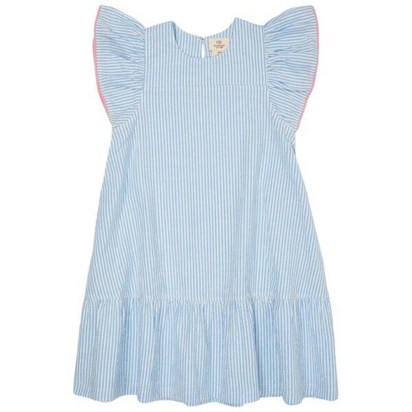 Seersucker Dress W. Frill Sleeves – Sky Blue With Cream Stripe