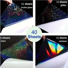 40 Sheets 4 Styles Mixed Holographic Sticker Paper Clear Vinyl Self Adhesive Waterproof Rainbow Transparent Overlay Film A4 Size Holographic Overlay Star Rainbow Sparkle Broken Glass