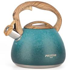 Poliviar Teekessel Induktion - Wasserkessel für Induktion und Gasherd - 2,5L Flötenkessel mit Holzmasergriff- Wasserkessel Induktion Pfeifkessel aus Edelstahl - Neue Design Version