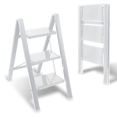 Eulenke 3-stegs stege, trappstege, hopfällbar stege, aluminium lätta stege, bärbar hopfällbar trappa, med antislida breda pedal, för hushåll, kontor, kök, bärkraft upp till 150 kg, silverfärgad