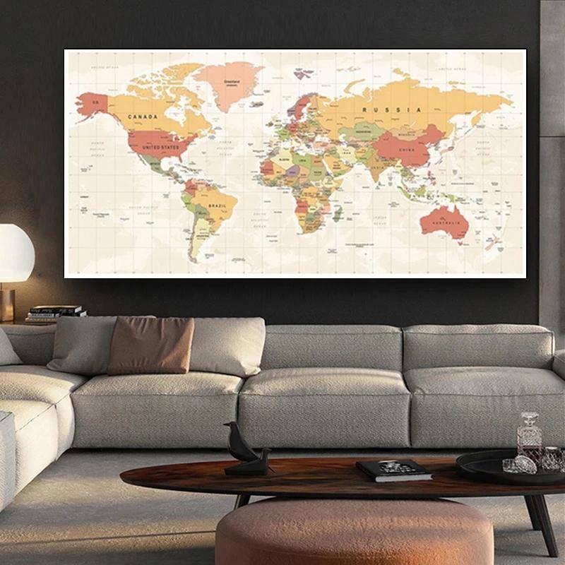 Modern svart guld Världskarta Bild Canvas Målning Konst Vardagsrum Affisch och tryck Väggkonst Sovrum Kontor Bibliotek Heminredning Ingen ram beige