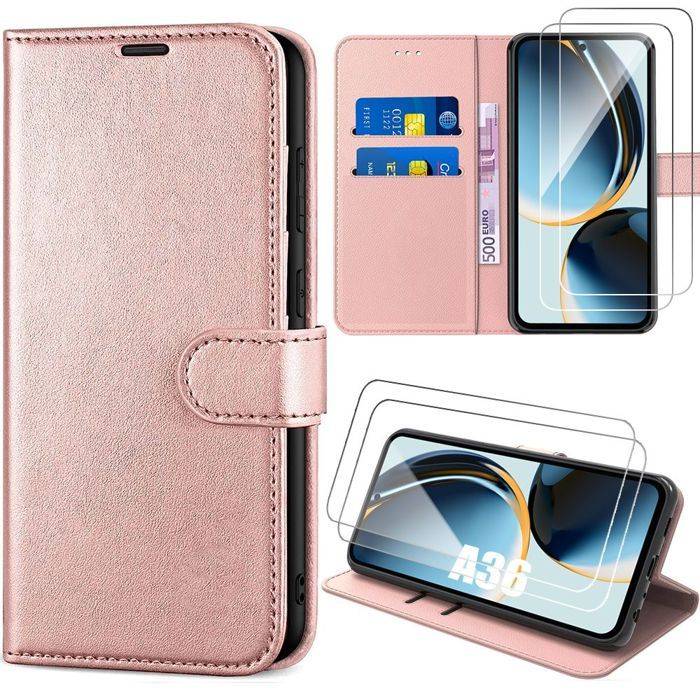 Protective Case - BOOLING - for Samsung Galaxy A36 5G/A56 5G - Pink Leather Effect - 2 Tempered Glasses - Shockproof rosa