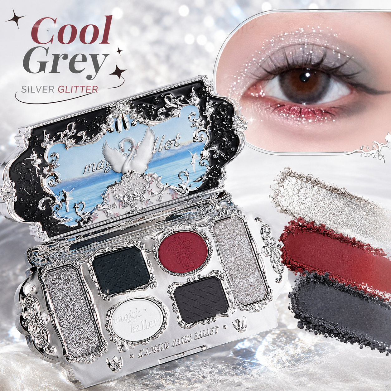 6 Color Black Swan Eyeshadow Palette Cool Toned Matte Glitter Fine Shimmer Eye Shadow Gothic Smoky Eye Makeup Face Palette