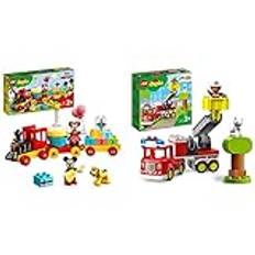 LEGO 10941 DUPLO Disney Mickys und Minnies Geburtstagszug, Spielzeugzug mit Kuchen und Ballons, ab 2 Jahren, & 10969 DUPLO Town Feuerwehrauto Spielzeug, Lernspielzeug für Kleinkinder ab 2 Jahren