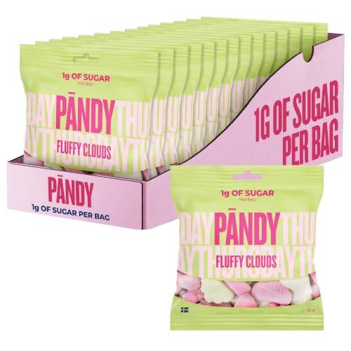 PÄNDY Fluffy Clouds Sockerfritt Godis med Fruktsmak Gelégodis Utan Socker Storpack Låda Sura Godisar Lågkolhydrat Storpack endast 1 g socker 14 x 50 g