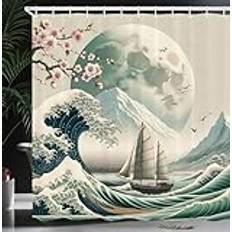 ABAKUHAUS Nautiskt duschdraperi, marin asiatisk vågprydnad med körsbärsblommor i pastellfärger, tygtyg badrumsdekorationsset med krokar, 175 x 200 cm, havsskum kokosnöt rosa