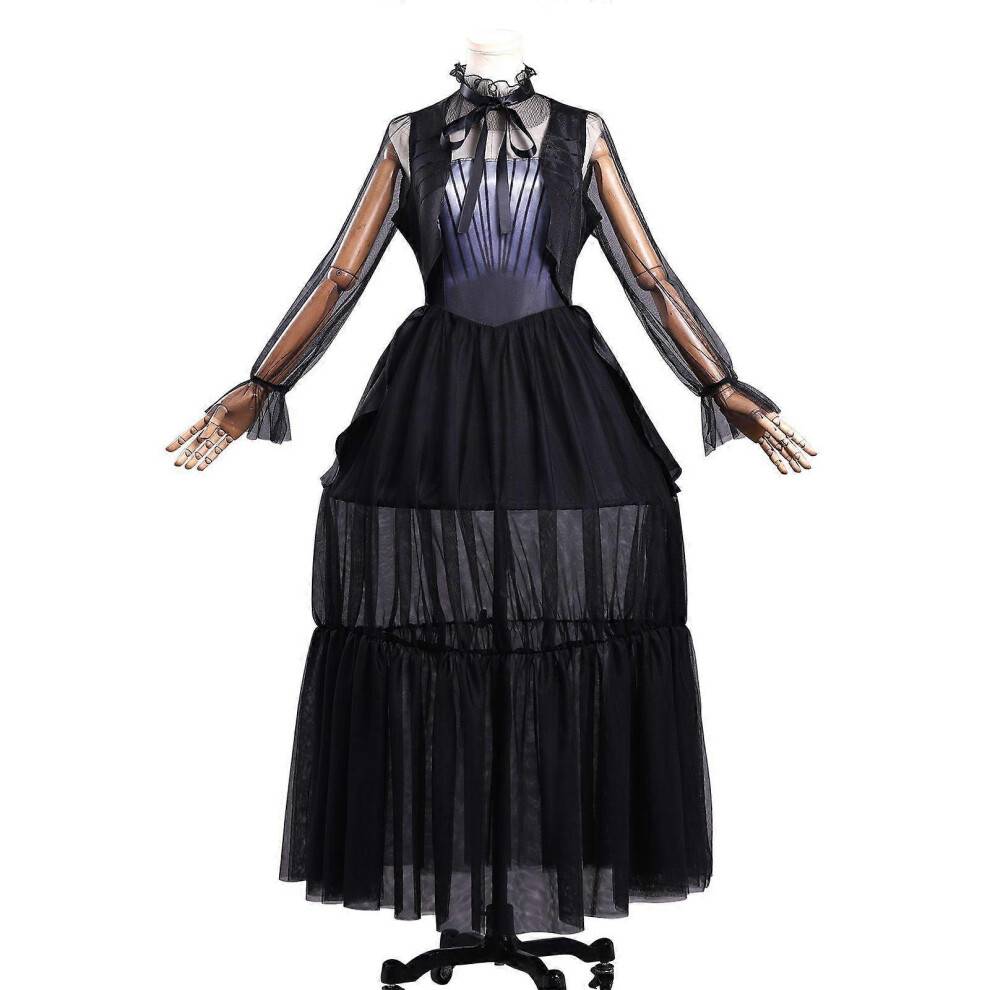 (Kids 140, Without wig) Wednesday Season 2 Cosplay Costume Black Dress Halloween Carnival Party Fancy Dress for Womens