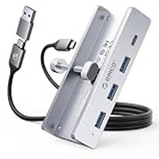 ORICO USB-hub, aluminium USB 3.0 hubb klämma med 5 V strömförsörjningsport, 5 Gbps 4-port USB-distributör med 3 typ-A 3.0 och 1 typ C 3.0, 100 cm kabel (C till A/C), för bildskärmar, skrivbord