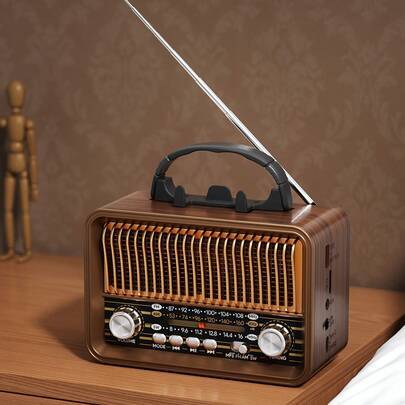 Bärbar radio i retrostil, gammaldags radio, trådlös högtalare, justerbar FM/AM/SW-antenn, laddningsbart batteri och USB-laddning, stöd för TF-kort, US - träfärg (En-Storlek)