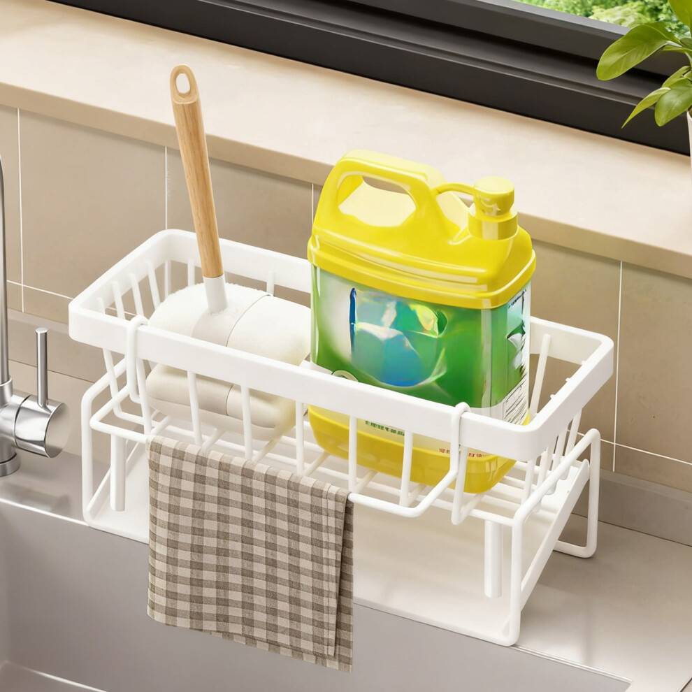 Køkkenvaskholder, svampeholder til køkkenvask, køkkenvaskorganisator i plastik med afdrypningsbakke, rustfri svampeholder til køkken og