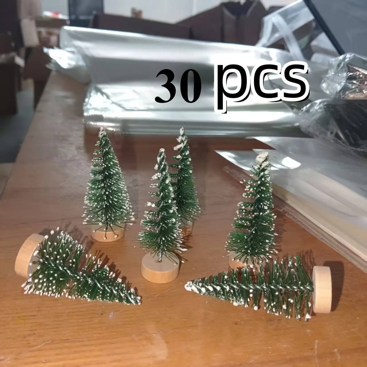 30 Trees- Artificial Plastic Trees With Wooden Base, And Design, Used Holiday Decoration, Parties, Home, Desktop Crafts(no Electricity Required), Ornaments, Christmas Decor, Halloween Decor