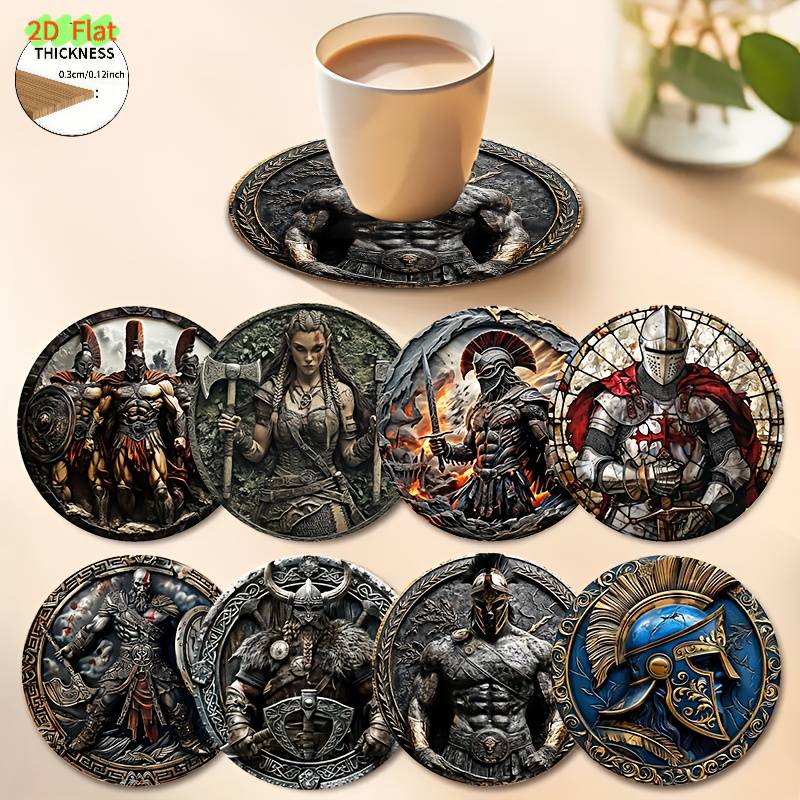 8pcs Vintage Warrior Coasters Suitable For Coffee, Wood Cup Holders With Retro Table Protectors, Wood Grain For Home, Restaurants, Gifts For Parents & - Beverage Mats For Tea, , 2d Flat