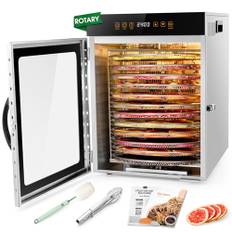 Kwasyo Dörrautomat Edelstahl, Doppelventilator 720 ° Effizientes Dry, Dörrgerät 12 Etagen Drehen, Rezeptheft für Fleisch Obst Gemüse Kräuter, 1000W