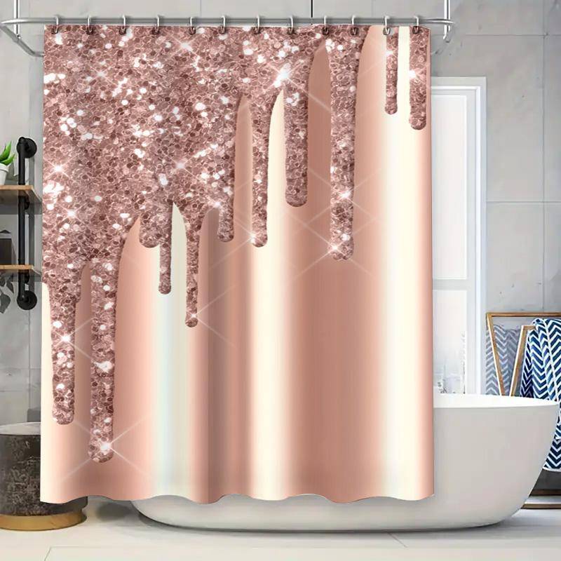 Lyxigt Roseguld Duschdraperi Med Bling Glittrigt Tryck Heminredning Vattentåliga Badrumstillbehör