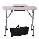 AGESISI Bärbart manikyrbord, hopfällbart nagelskrivbord med stor låda, nagelteknikbord för tekniker, salong, arbetsstation, klient, handledskudde/bärväska/4 låsbara hjul, 91 cm, rosa