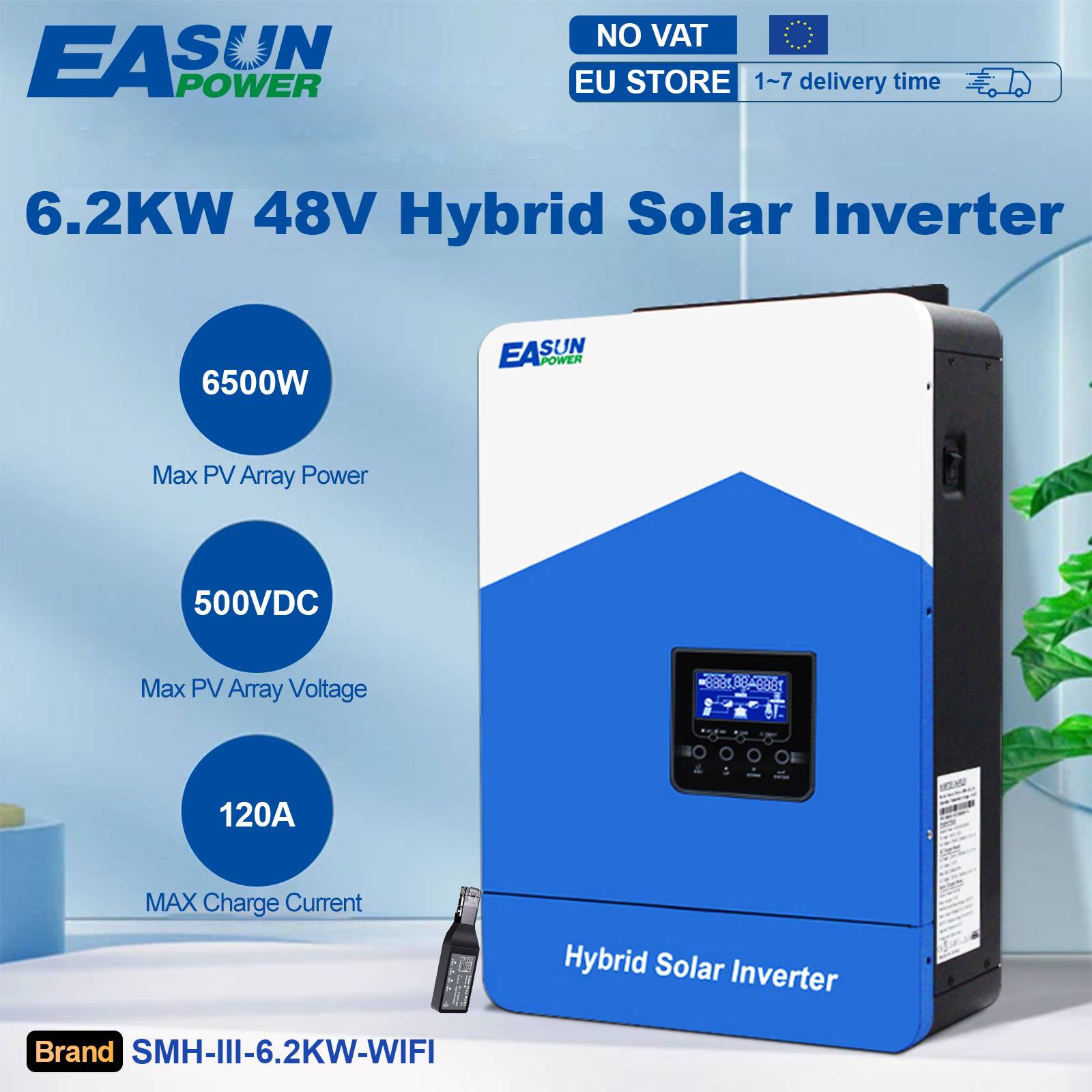 EASUN 6.2KW Hybrid Solar Inverter 48V MPPT Photovoltaic Inverter Pure Sine PV 6500W 500VDC Built-in 120A Solar Charge Controller